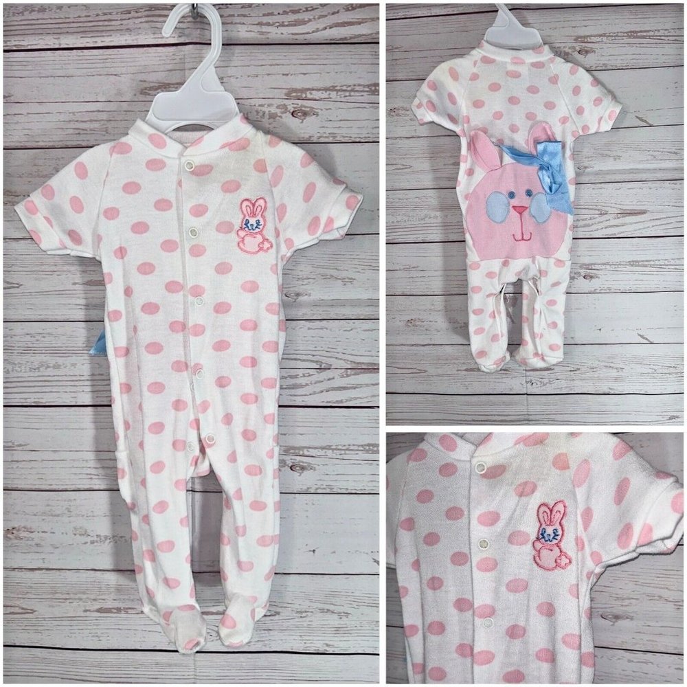 Vintage Kessler Baby Girl Romper Pink Easter Egg Polka dot & Bunny Bow 6-9months